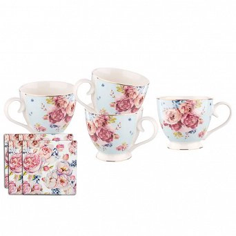 ALTOM DESIGN SCARLETT zestaw 4 sztuk Filiżanka jumbo na stopce 350 ml błękitna + ALTOM DESIGN SCARLETT zestaw 4 podstawek ceramicznych 10x10 cm