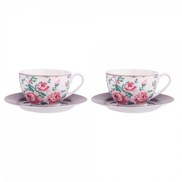 ALTOM DESIGN CHARLOTTA zestaw 2 filiżanek porcelanowych w kwiaty ze spodkami 200 ml 15 cm w opakowaniu na prezent