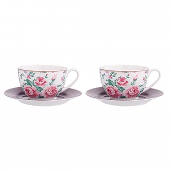 ALTOM DESIGN CHARLOTTA zestaw 2 filiżanek porcelanowych w kwiaty ze spodkami 200 ml 15 cm w opakowaniu na prezent