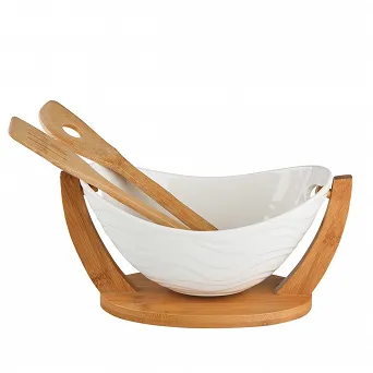 ALTOM DESIGN REGULAR salaterka owalna porcelanowa z podstawą i łyżkami bambusowymi 32x15x16 new