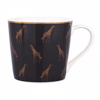 ALTOM DESIGN duży kubek do kawy i herbaty wysoki porcelanowy 350 ML DEK. GOLD GIRAFFE CZARNY